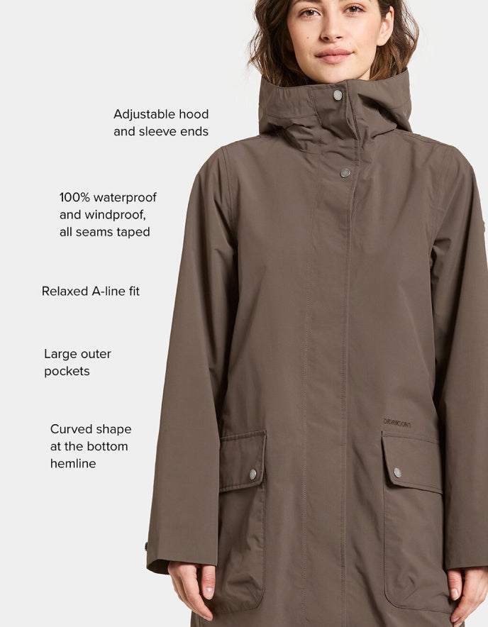 Woman wearing a mocha brown waterproof coat on a white background parka style