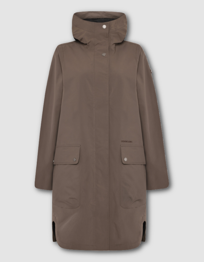 a mocha brown waterproof coat on a white background parka style