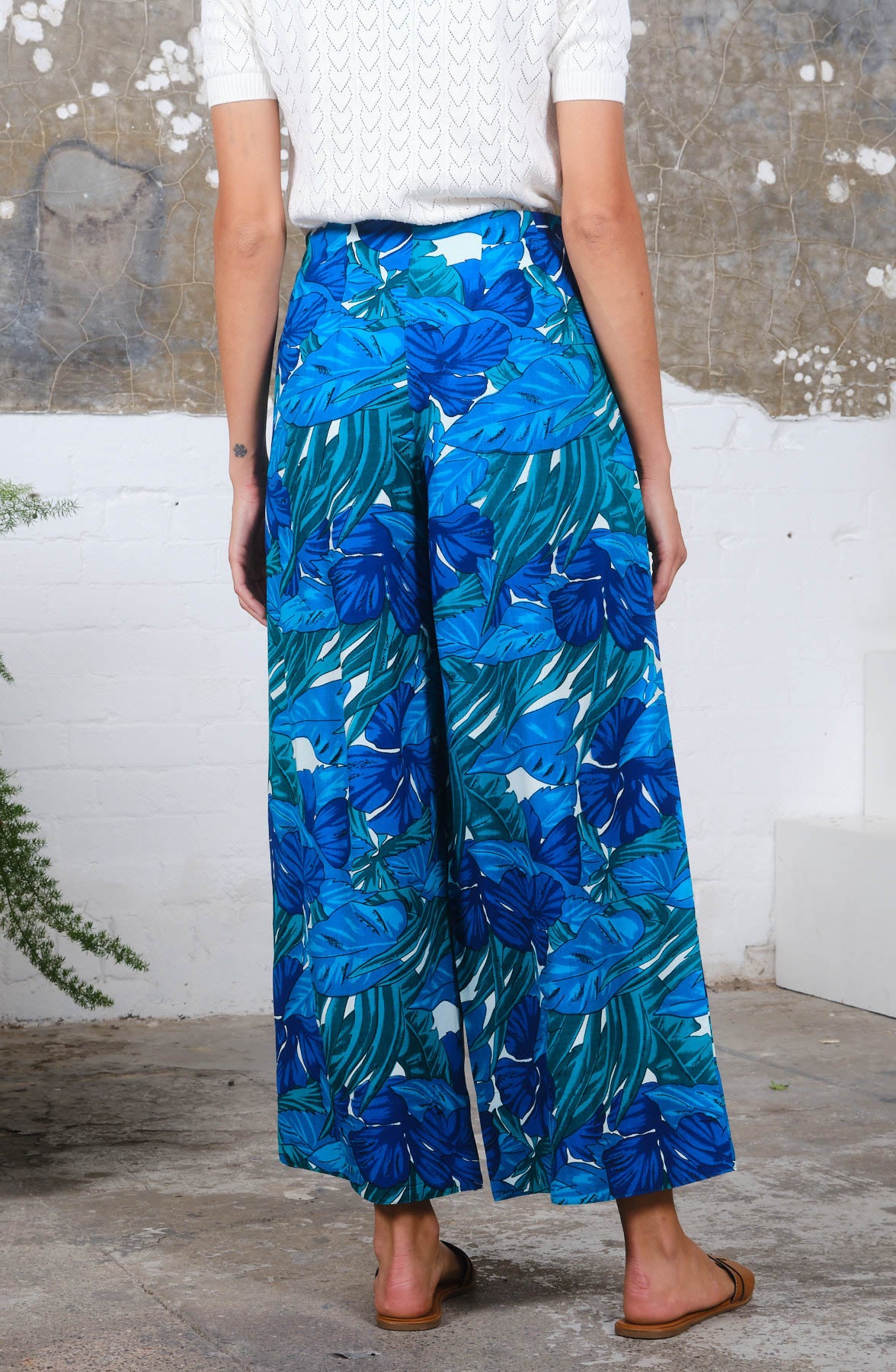 wide leg cotton summer trouser with drawstring waist in blue tropical print