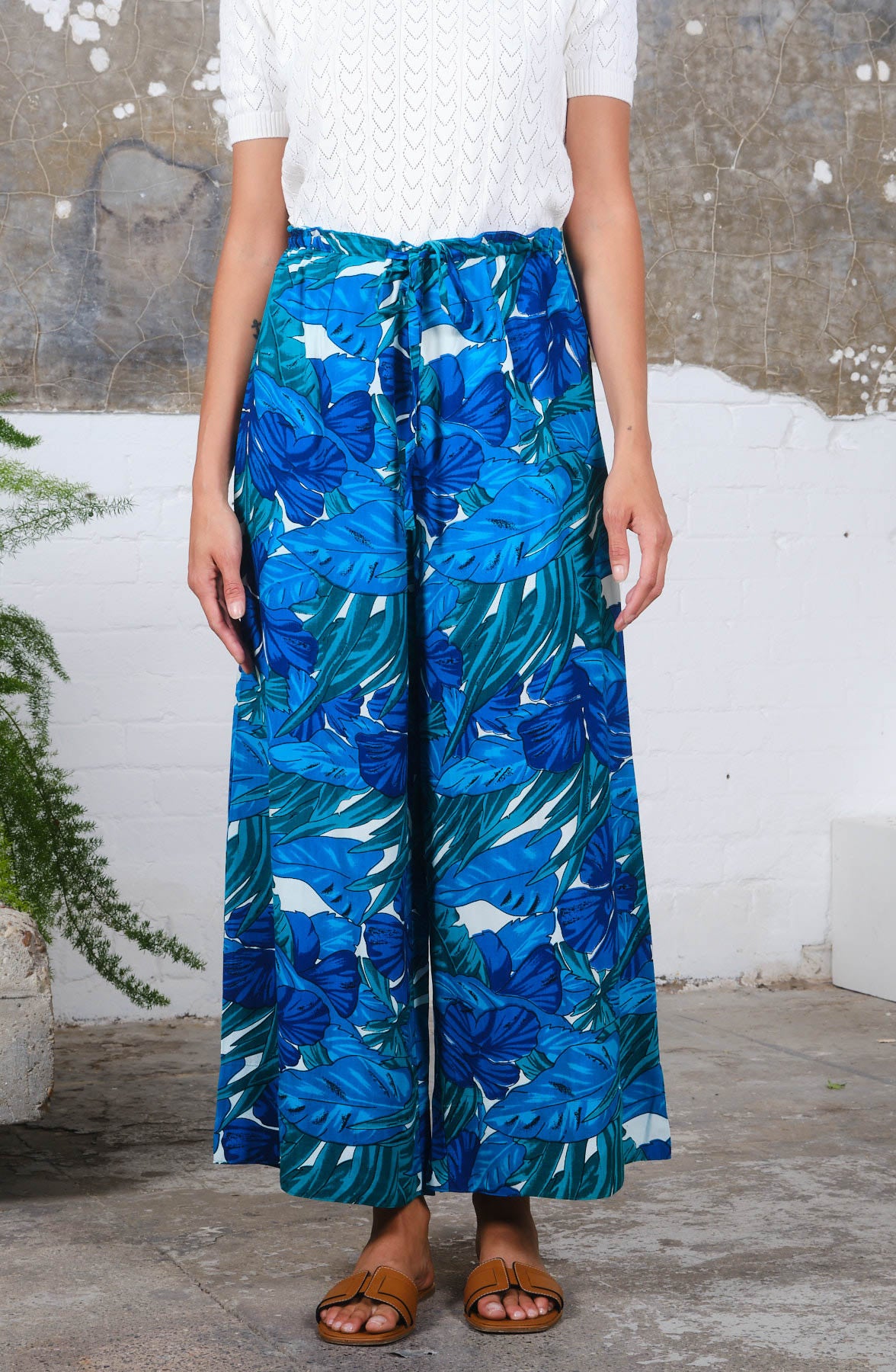 wide leg cotton summer trouser with drawstring waist in blue tropical print