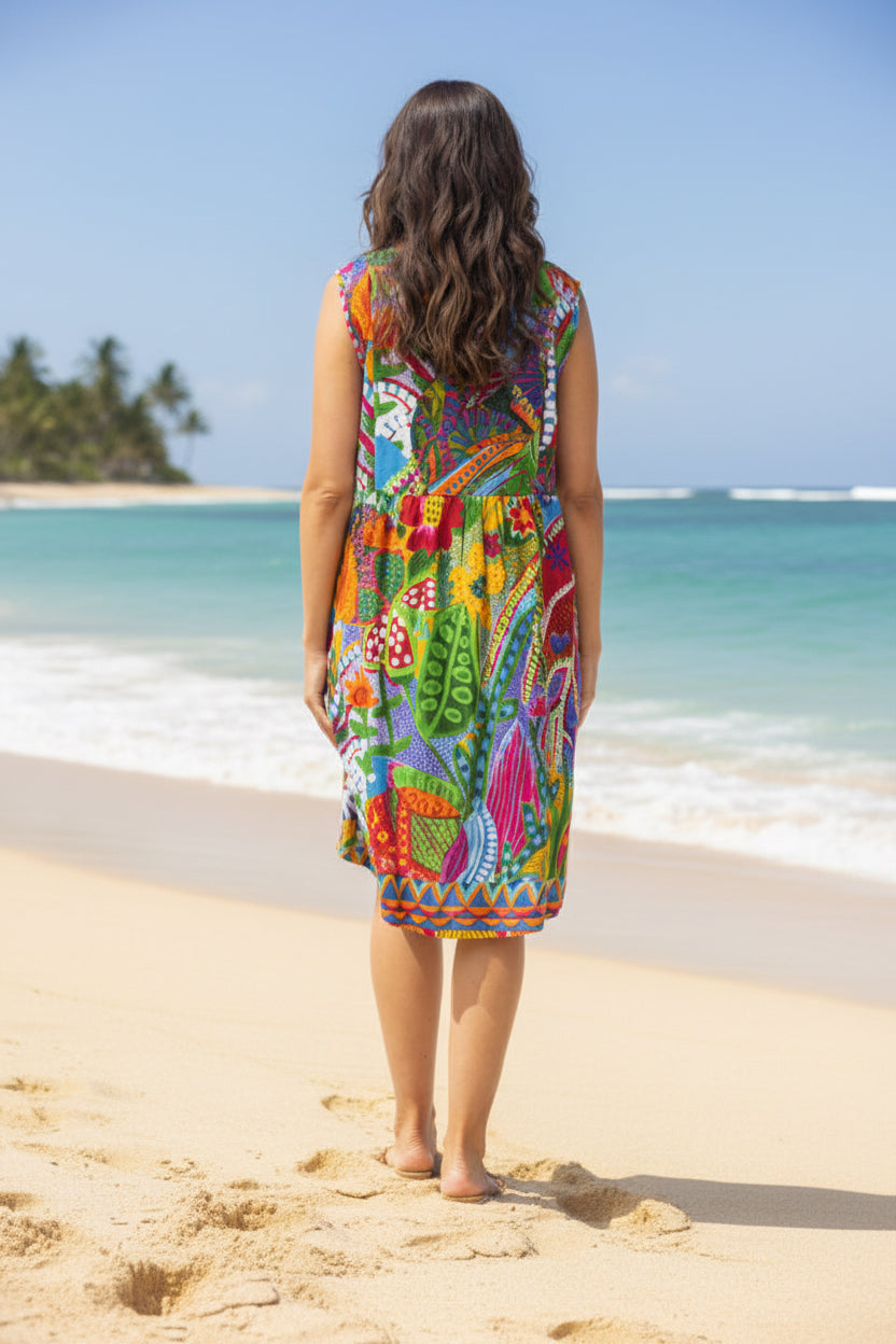 cotton summer shift dress in tropical print
