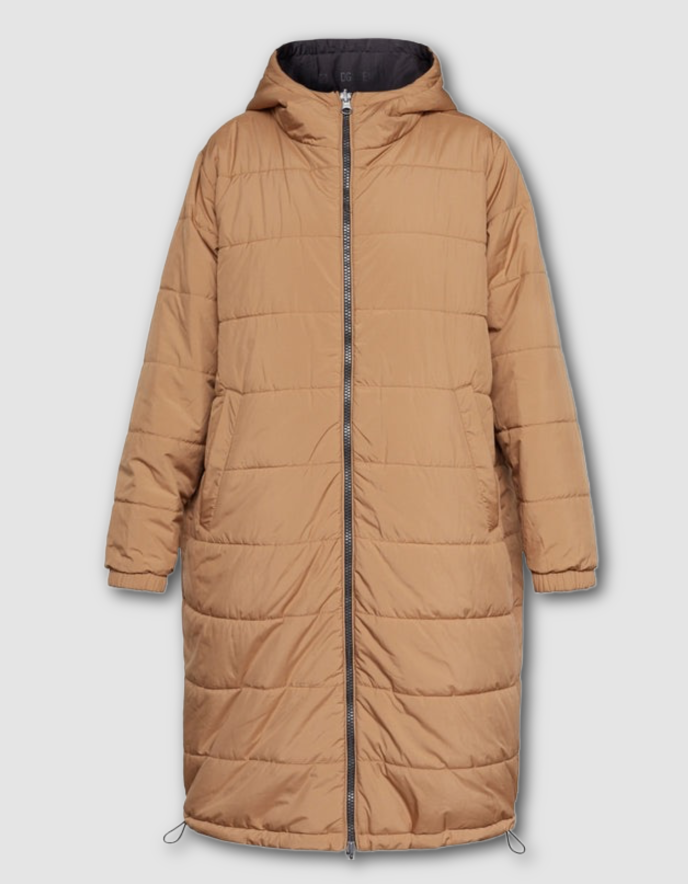 Brown quilted coat with a hood on a light gray background