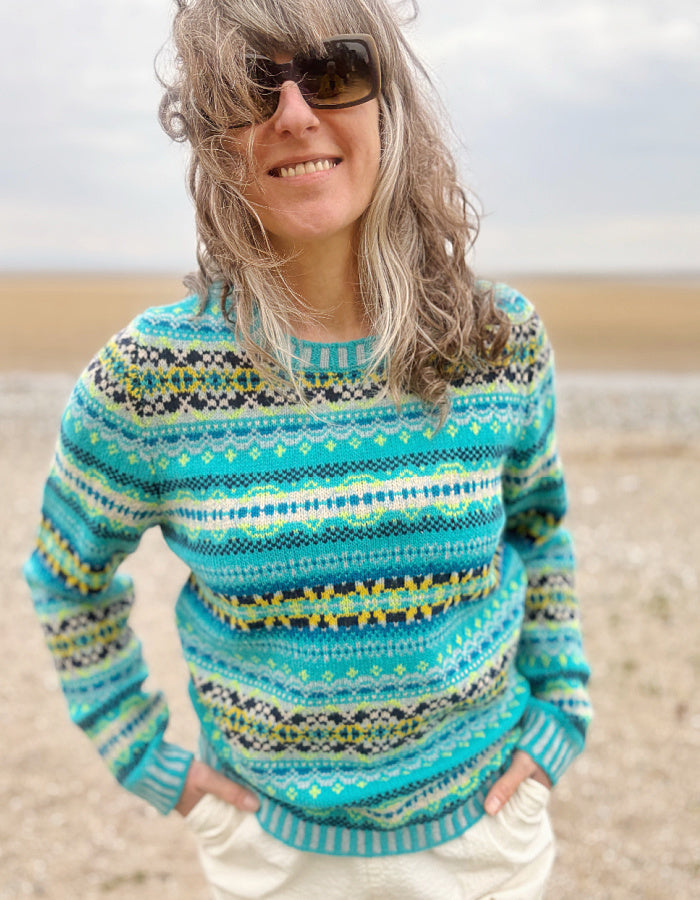 all over Fair Isle soft merino sweater in turquoise