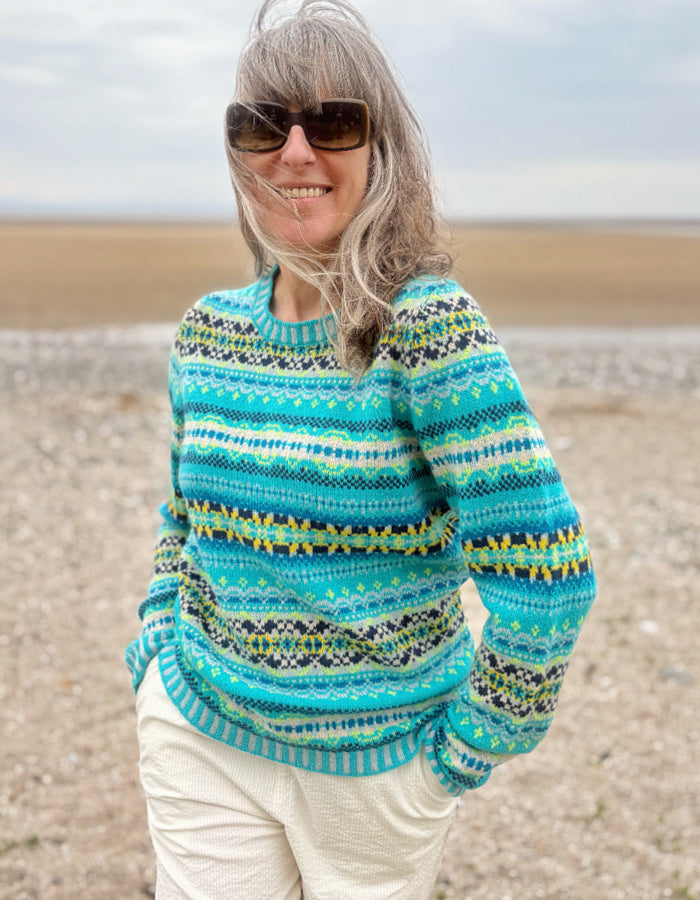 all over Fair Isle soft merino sweater in turquoise