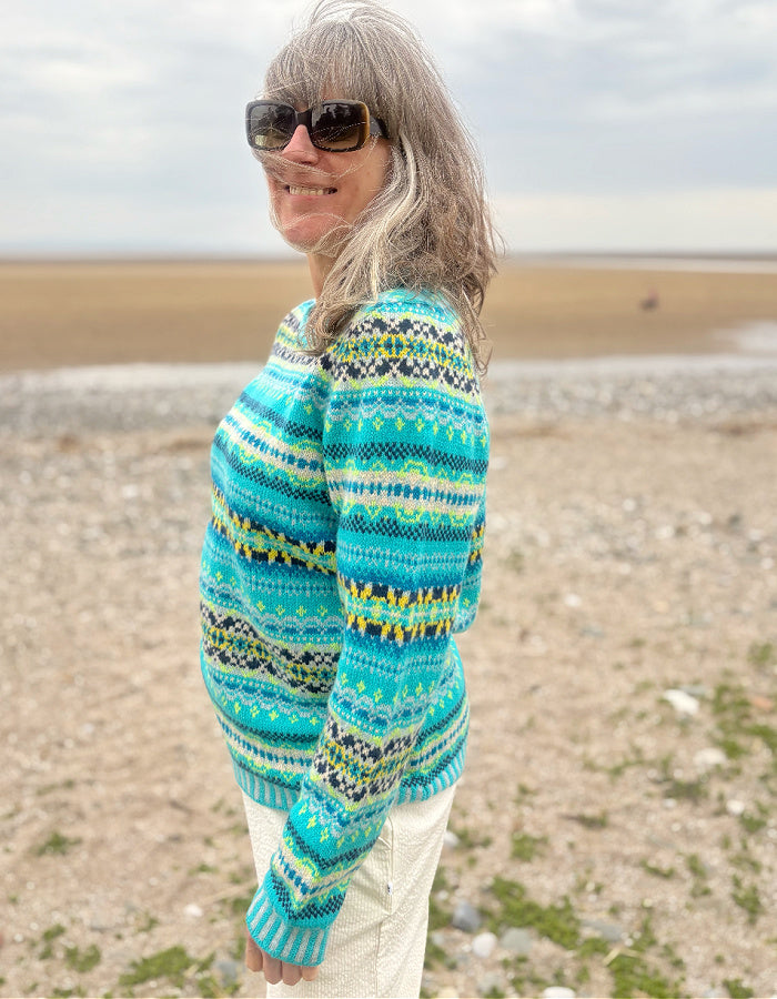 all over Fair Isle soft merino sweater in turquoise