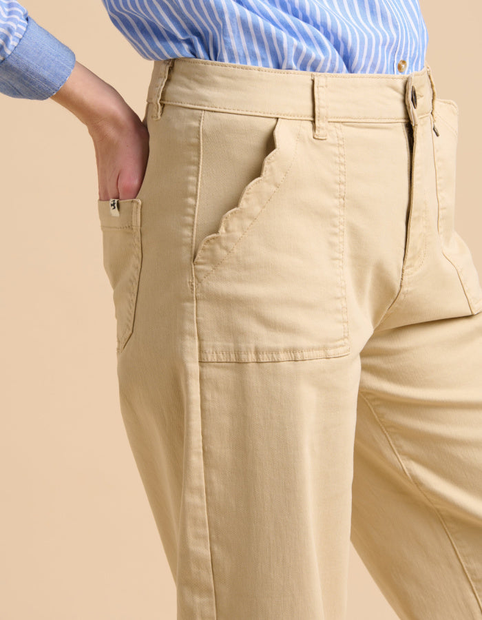 camel wide leg cropped summer trousers with scalloped pockets