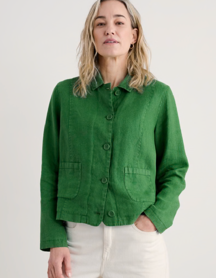 Green linen boxy jacket with patch pockets