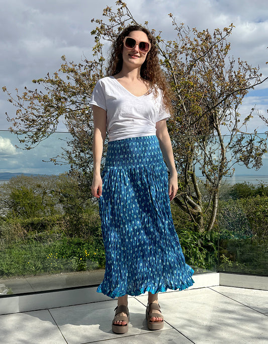 one size skirt that can be worn as a dress in blue and turquoise geometric handblocked print