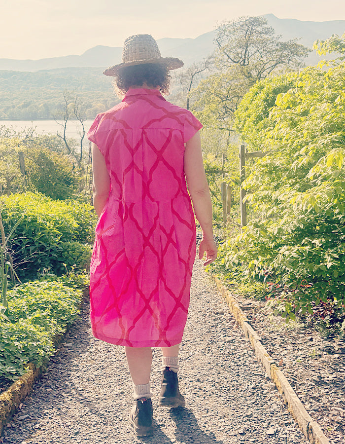 everyday shirt style knee length summer dress with capped sleeves in hot pink cotton with red details