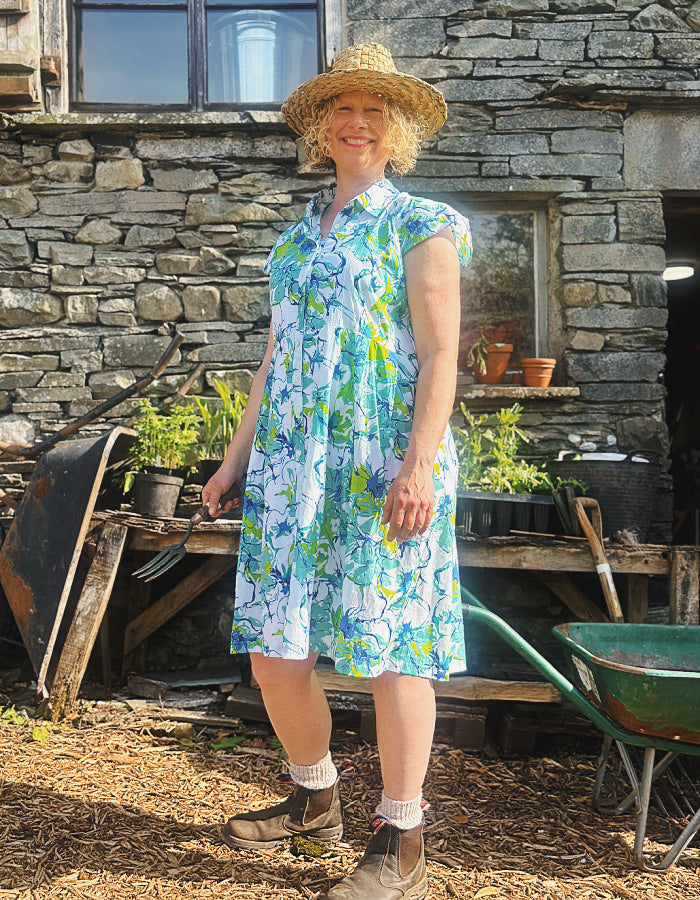 blue and lime cotton summer shirt style dress, knee length with capped sleeves