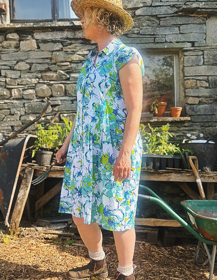 blue and lime cotton summer shirt style dress, knee length with capped sleeves