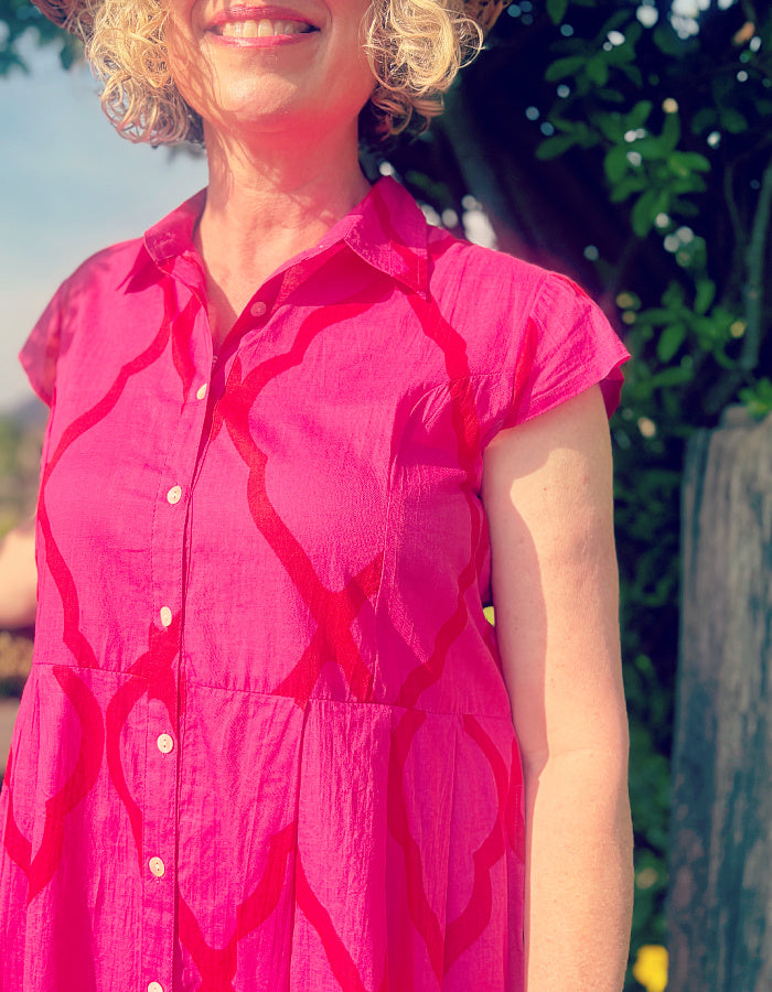 everyday shirt style knee length summer dress with capped sleeves in hot pink cotton with red details