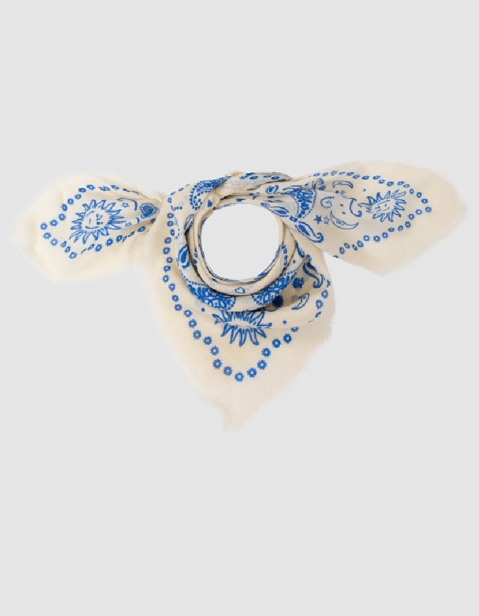 A cream-colored bandana scarf with a blue floral and paisley print, arranged in a loop to display its shape and pattern against a light gray background.