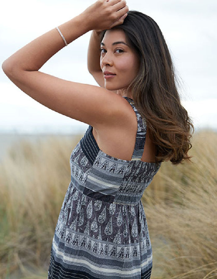 maxi length cotton sun dress with shoulder straps in black and stone stripe and paisley print