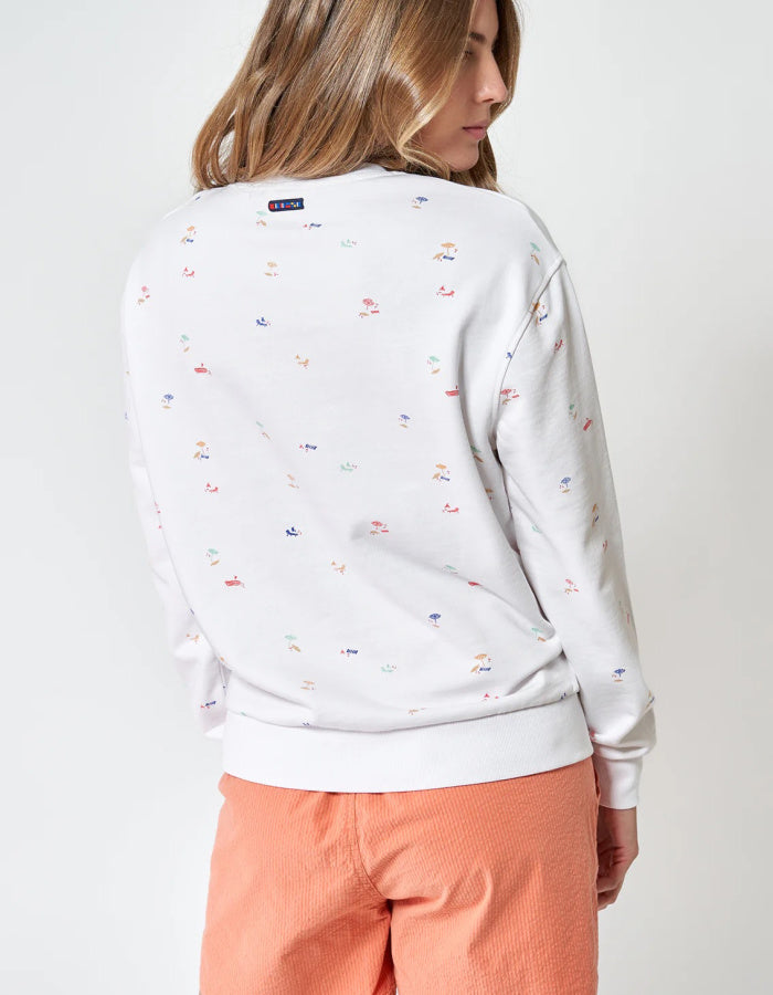 white cotton sweatshirt with allover beach print