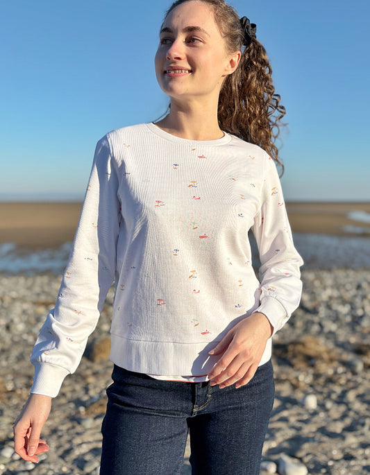white cotton sweatshirt with allover beach print