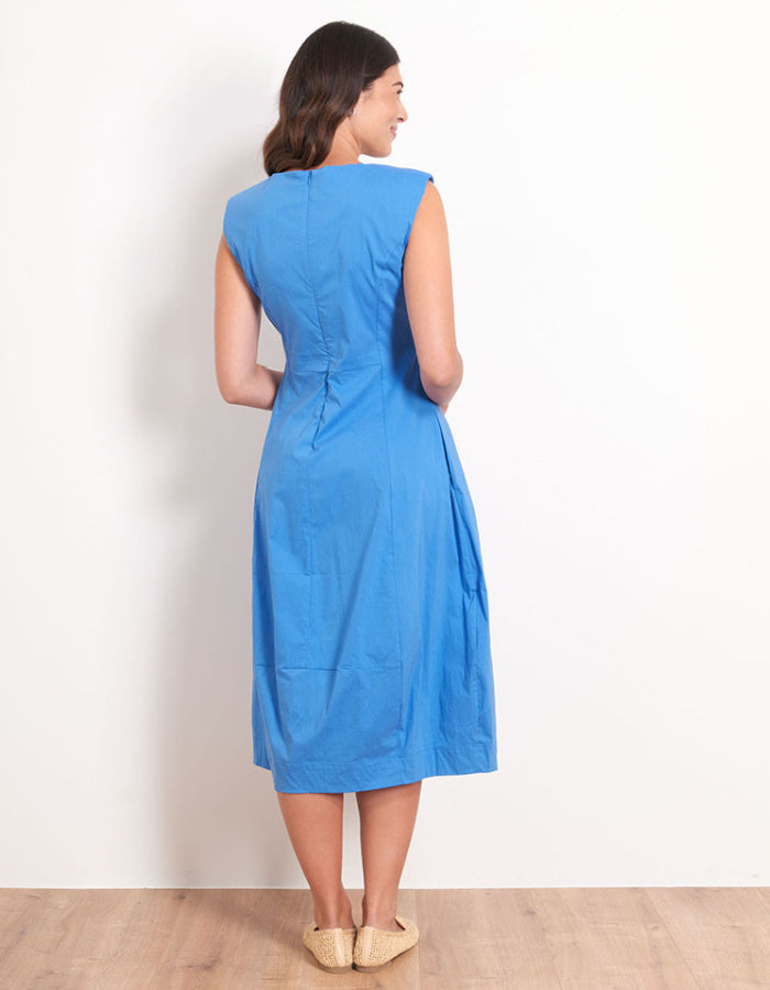 stretchy trapeze midi length bubble dress with v neckline and sleeveless design in stunning cornflower blue colour