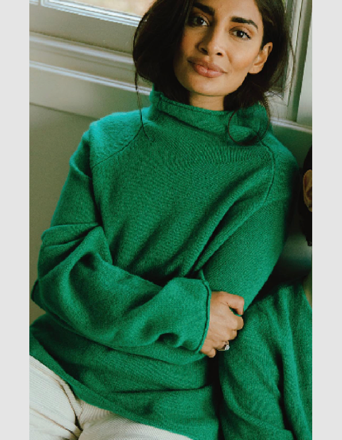 billiard green merino lambswool oversized sweater with mock turtle neck