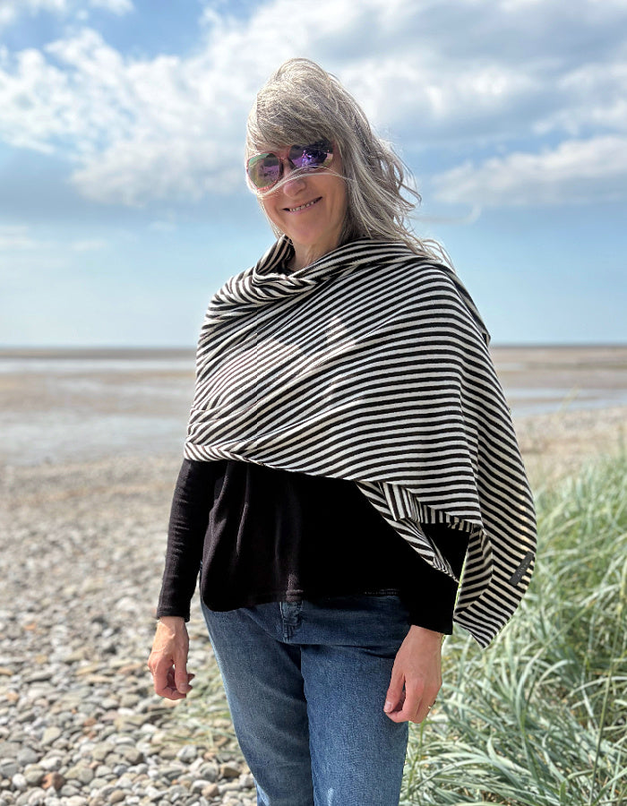 Neirami 3 Way Scarf in Balck and white Mini Stripes