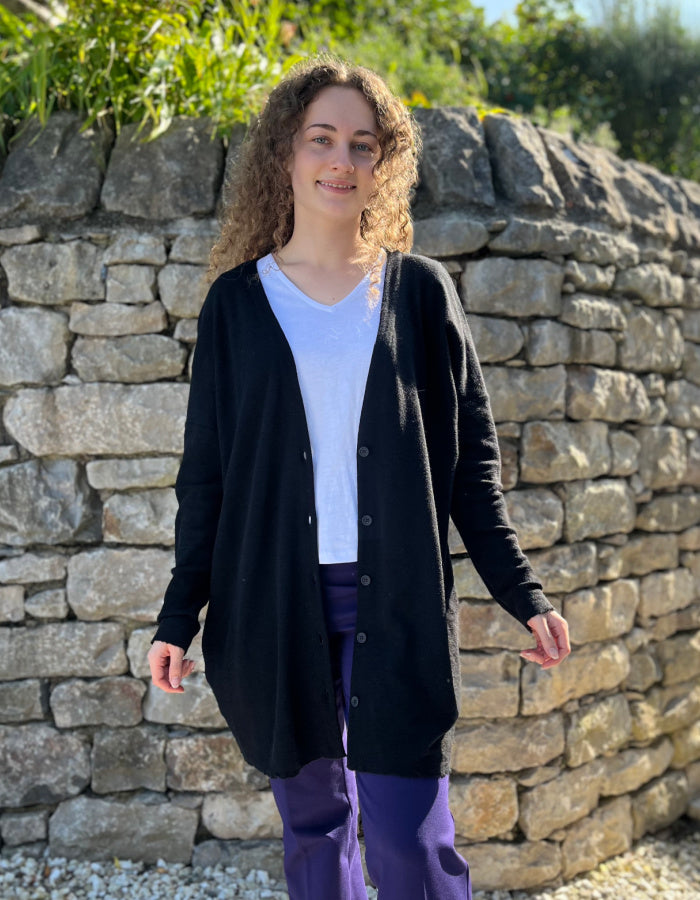 fine merino long cardigan that can be worn loose with v neckline or wrapped to the side for a more fitted look