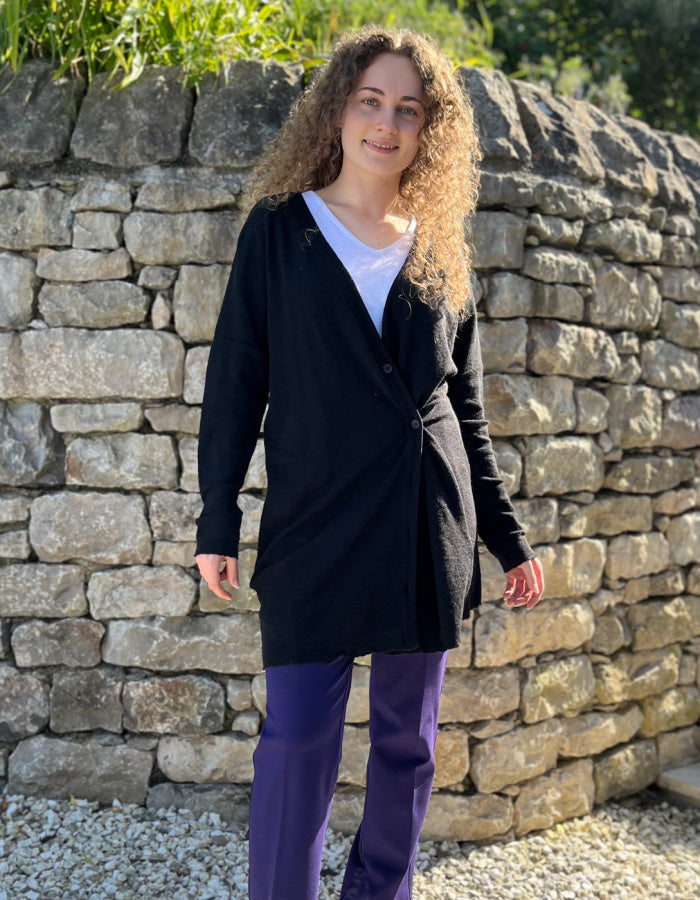 fine merino long cardigan that can be worn loose with v neckline or wrapped to the side for a more fitted look