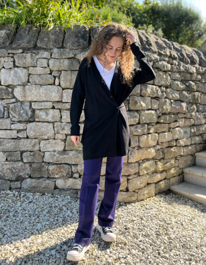 fine merino long cardigan that can be worn loose with v neckline or wrapped to the side for a more fitted look