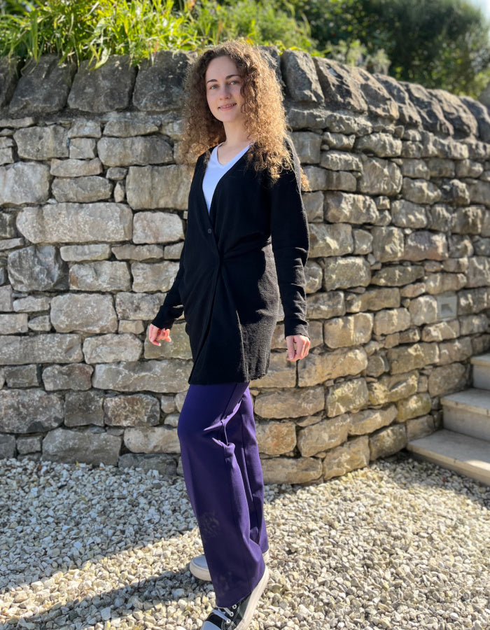 fine merino long cardigan that can be worn loose with v neckline or wrapped to the side for a more fitted look