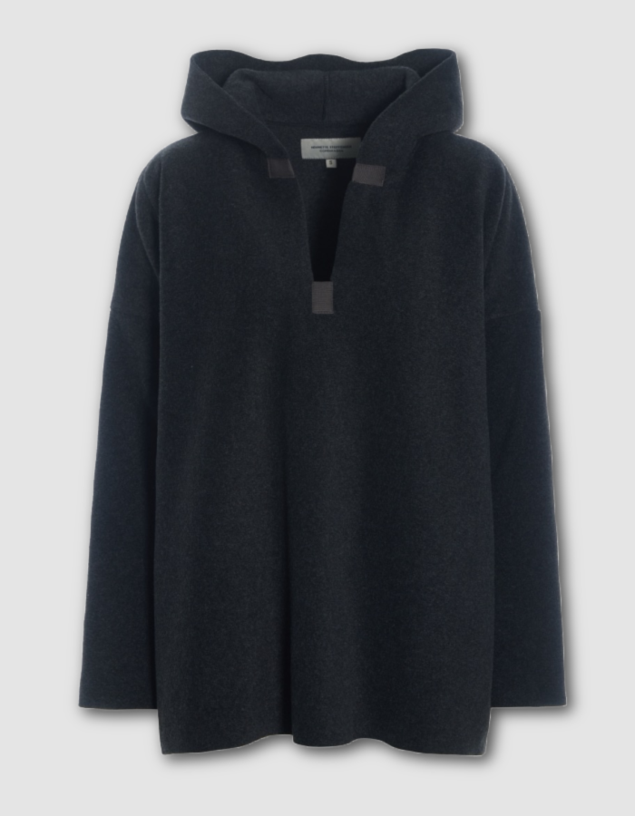 A dark charcoal gray hooded pullover sweater with a split neckline and small tab details, shown against a light gray background.