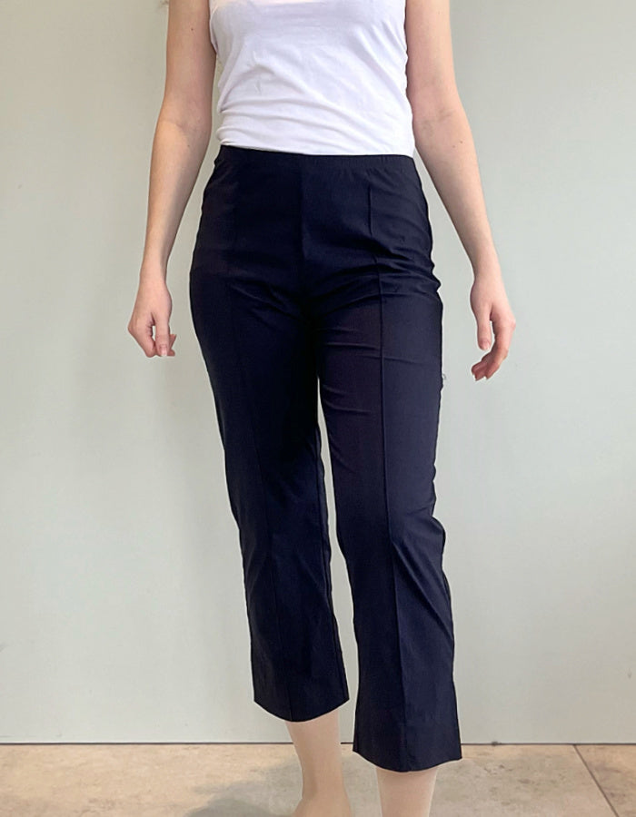 stretch black trapeze fabric trousers with 7/8ths length and size split hem