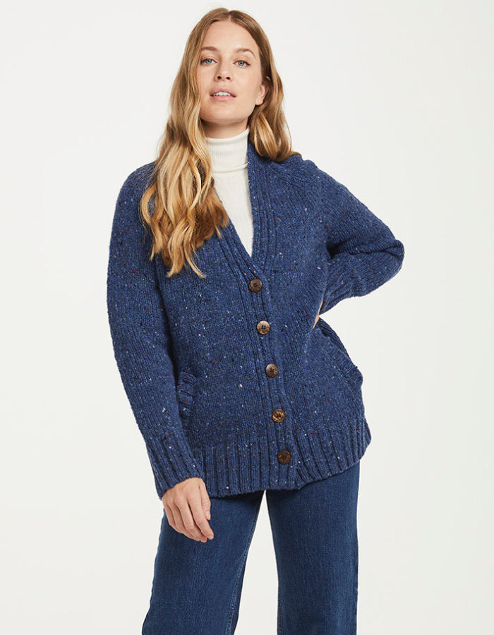 Aran Mills Donegal Cardigan with Side Pockets in Denim Blue