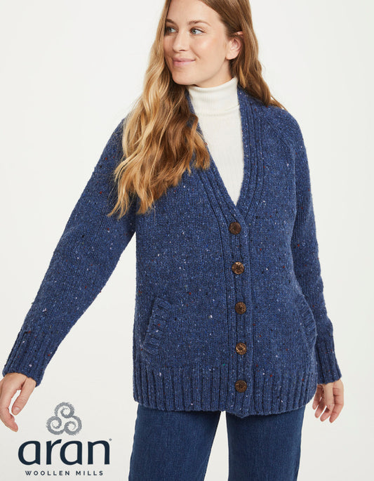 Aran Mills Donegal Cardigan with Side Pockets in Denim Blue
