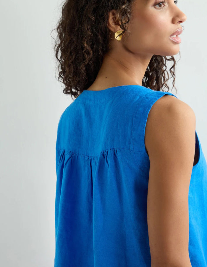 cobalt blue linen vest top with pleated front panel