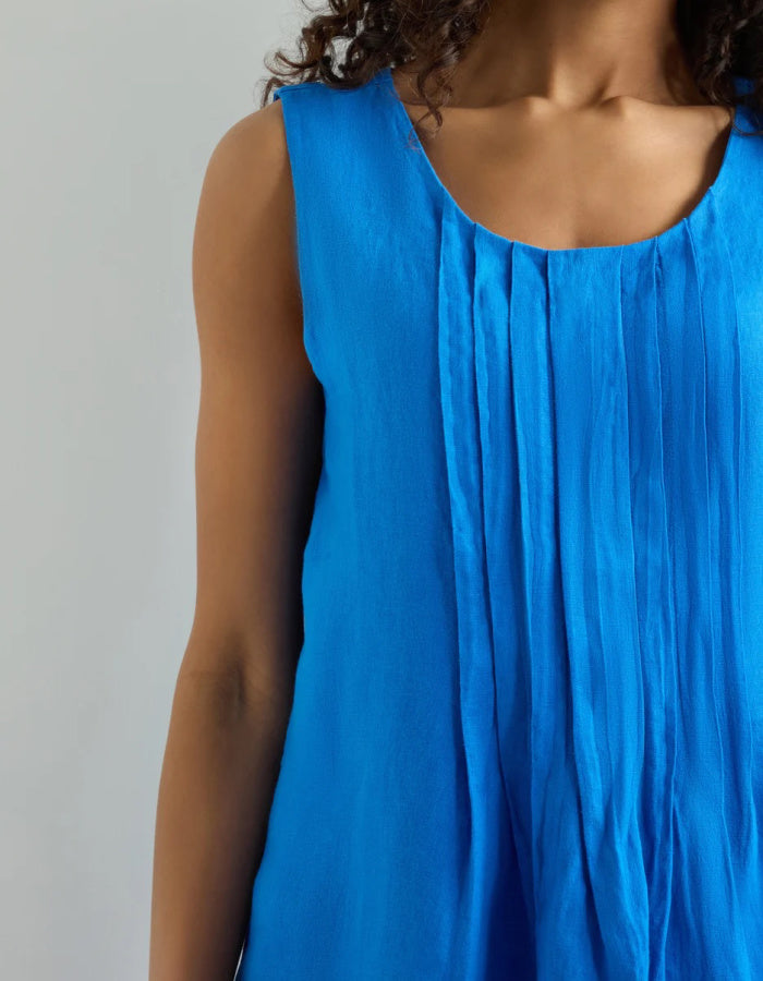 cobalt blue linen vest top with pleated front panel