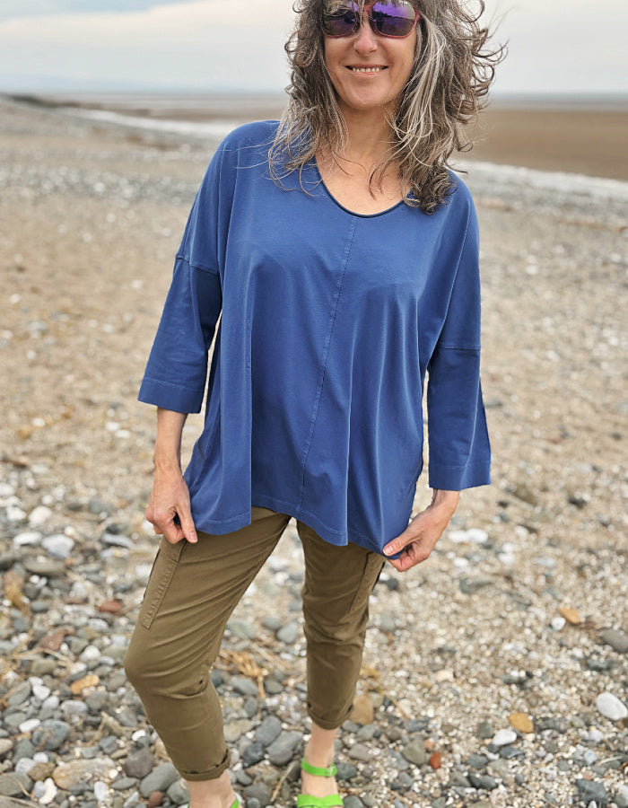 blue cotton jersey swing t shirt with scoop neckline and A-line shape