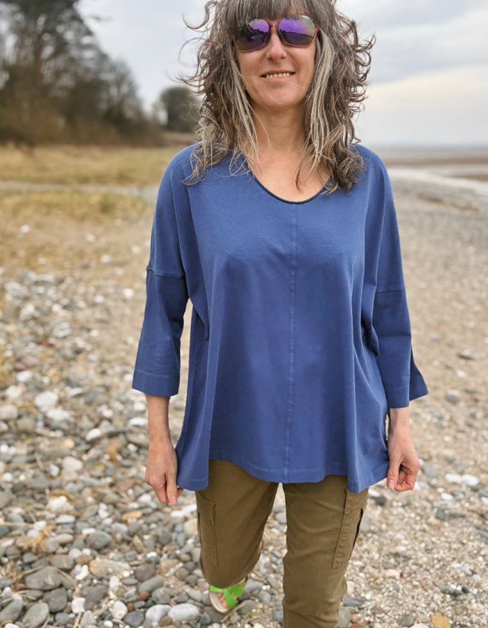 blue cotton jersey swing t shirt with scoop neckline and A-line shape