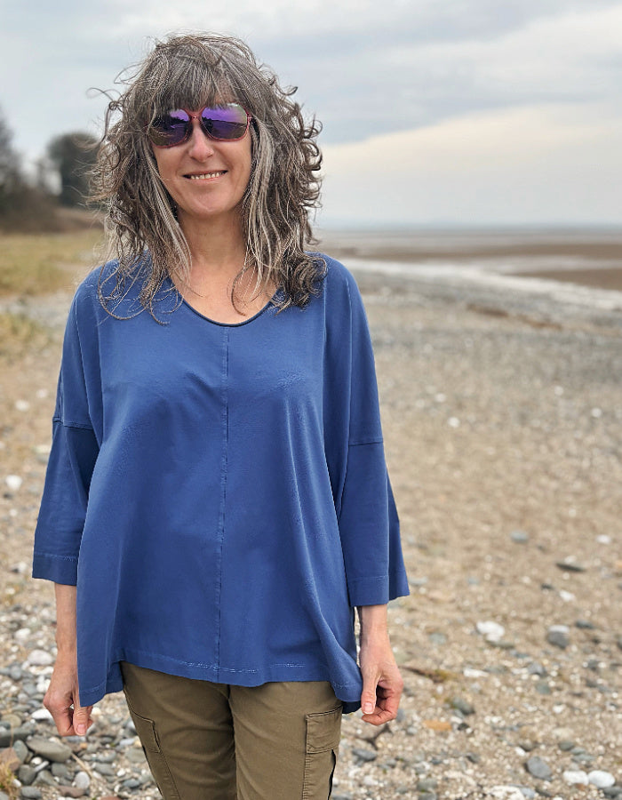 blue cotton jersey swing t shirt with scoop neckline and A-line shape