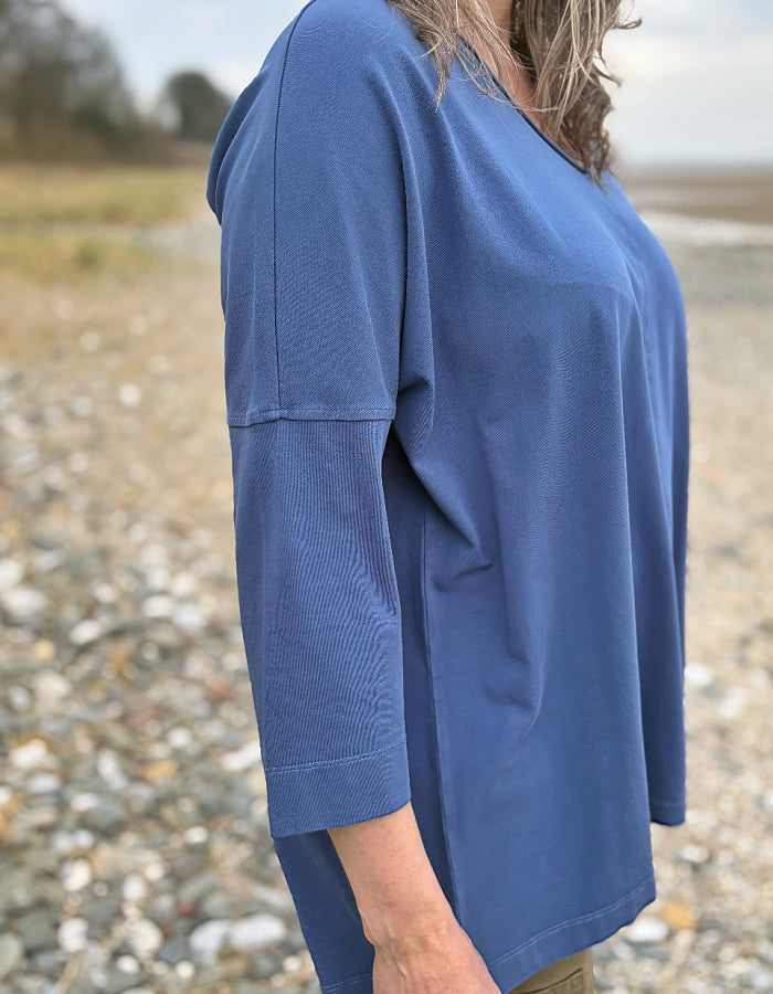 blue cotton jersey swing t shirt with scoop neckline and A-line shape