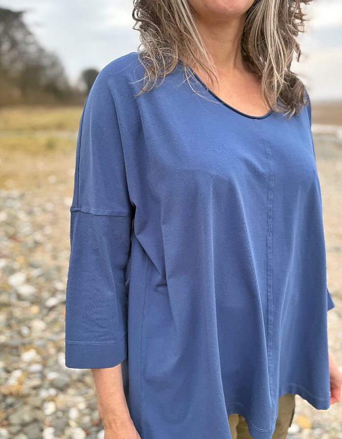 blue cotton jersey swing t shirt with scoop neckline and A-line shape