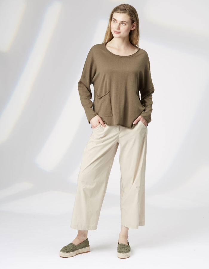 boxy cotton summer sweater with wide fit, scoop neckline and one oversized patch pocket on the front in olive