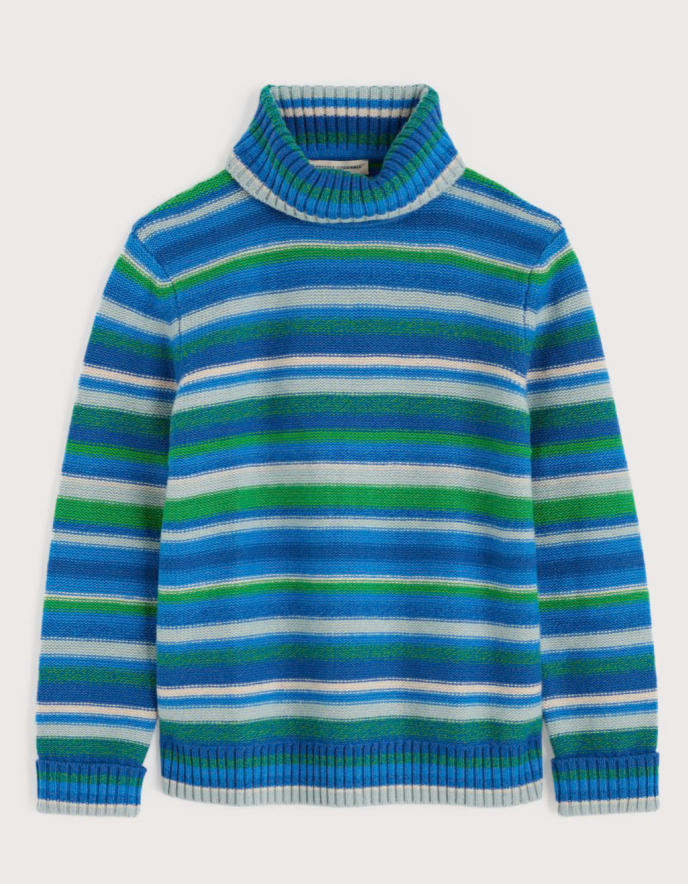 polo neck wool sweater in blue green and turquoise stripes
