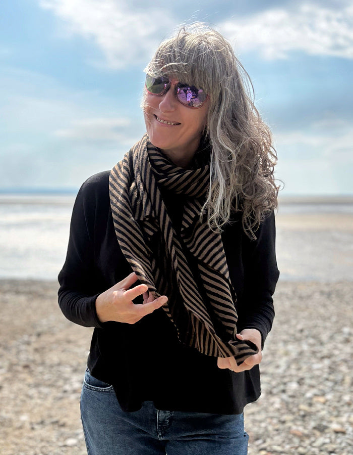 Neirami 3 Way Scarf in Brown and Black Mini Stripe