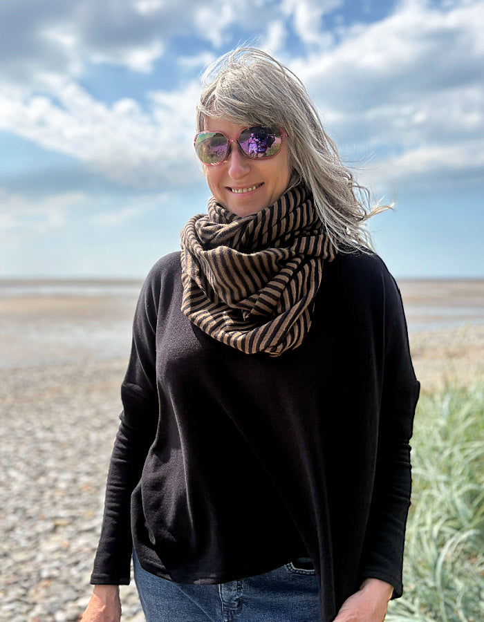 Neirami 3 Way Scarf in Brown and Black Mini Stripe