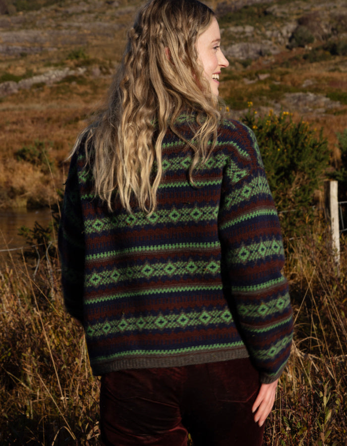 Person wearing a fair Isle patterned sweater standing in a field
