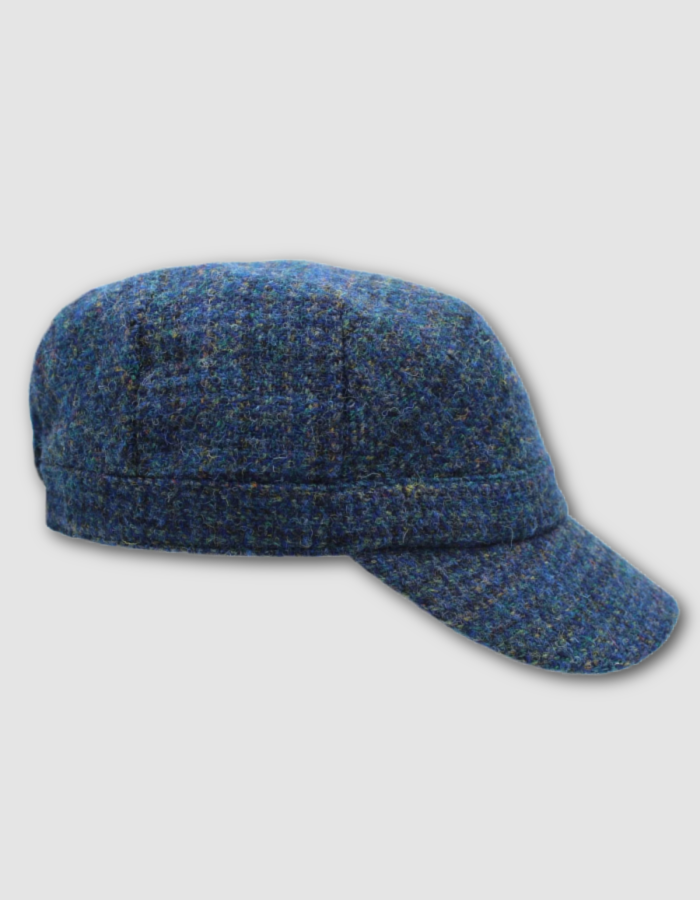 blue Harris Tweed cadet shaped hat with peak