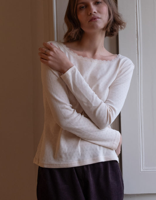 cream long sleeve t shirt in cream pointelle