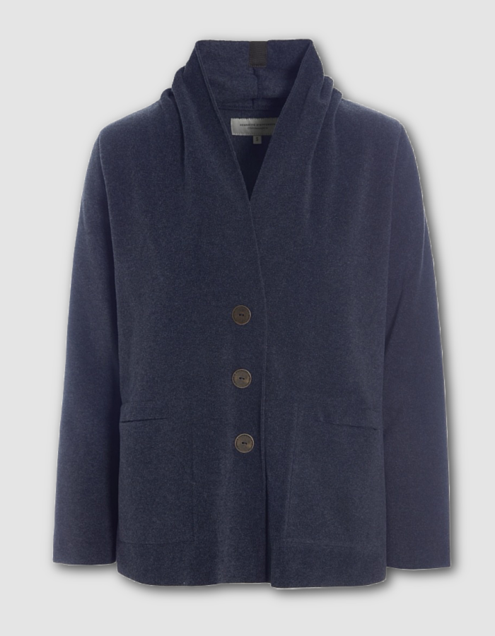 A navy blue shawl collar cardigan jacket with three brown buttons, displayed against a light gray background.