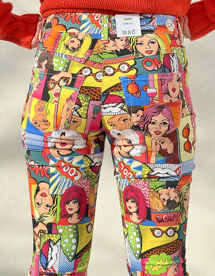 slim fit stretch jeans with pop art cartoon comic strip print