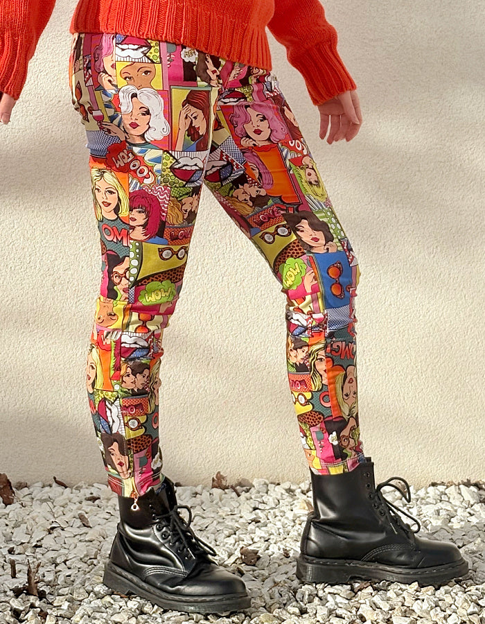 slim fit stretch jeans with pop art cartoon comic strip print