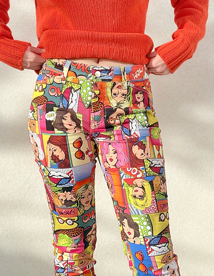 slim fit stretch jeans with pop art cartoon comic strip print