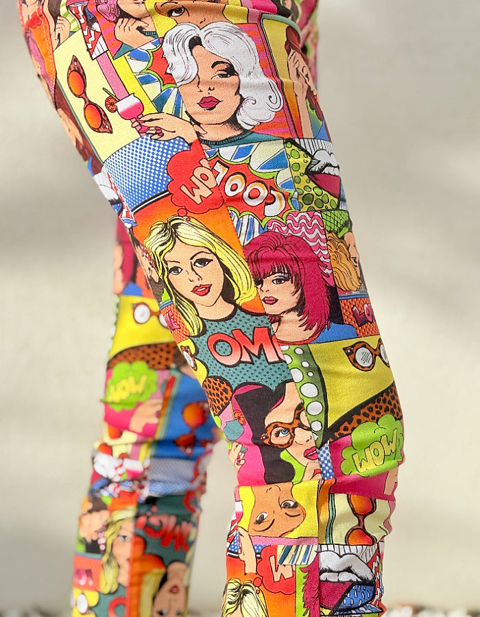 slim fit stretch jeans with pop art cartoon comic strip print